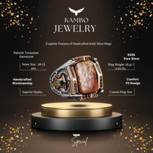 Gerçek Doğal Arizona Turkuaz Taş Yüzük, Erkekler İçin 925 Ayar Gümüş Yüzük - Görsel 2