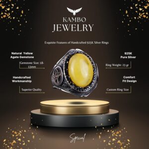 925 Ayar Katı Gümüş Erkek Yüzük, Doğal Taşlar ile - El Yapımı Zarafet (Sarı Akik Taşı) - Görsel 2