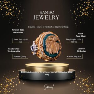 Jade Taş Yüzük - 925 Ayar Gümüş Sinyal Yüzük - El Yapımı Erkek Altın Kaplama Yüzük (Şahin) - Görsel 2