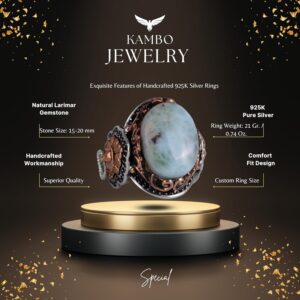 El Yapımı Aslan Sembolü Yüzük, Larimar Taşı Yüzük - Sakin 925K Katı Gümüş Erkek Yüzüğü - Görsel 2