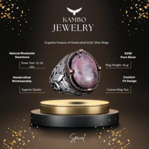 925K Ayar Gümüş El Yapımı Erkek Yüzük - Çeşitli Doğal Taşlarla Mevcut (Rhodonit) - Görsel 7