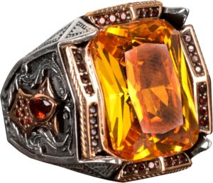 925 Ayar Gümüş Erkek Yüzük, Yapay Sitrin Taşlı Yüzük - Görsel 1