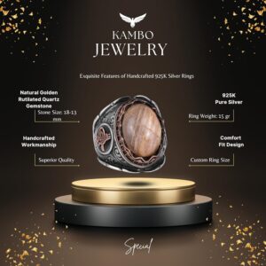 Cabochon Doğal Altın Rutilat Kuvars Taş Yüzük, Mistik 925 Ayar Saf Gümüş Erkek Yüzüğü, Osmanlı Tuğra Yüzüğü - Görsel 2