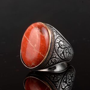 Gerçek Doğal Kan Taşı Yüzük, Büyük Yüzük, 925 Ayar Gümüş Yüzük - Görsel 3