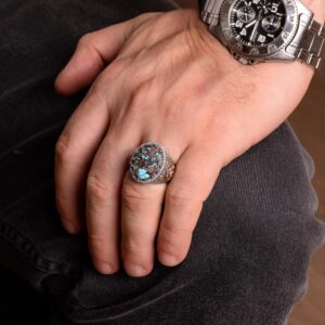 Erkekler için El Yapımı Doğal Arizona Turkuaz Taşı Yüzük, 925 Ayar Gümüş Yüzük, Sultan Yüzük (Stil-8) - Görsel 3