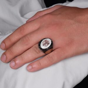 Doğal İnci Taşlı Yüzük - 925 Ayar Gümüş El Yapımı Erkek Yüzüğü - İki Başlı Kartal Tasarımı - Görsel 3