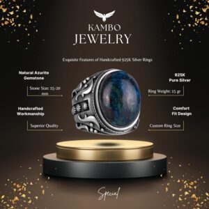 Gümüş Erkek Yüzük, Doğal Azurit Taşlı Yüzük, 925K Katı Sterlin Gümüş Yüzük, İçgörü ve Netlik Tasarımı - Görsel 2