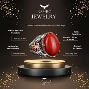 Gerçek Doğal Mercan Taşı Yüzük, Pençe Yüzük El Yapımı Yüzük, 925K Gümüş Yüzük Erkekler İçin - Görsel 2