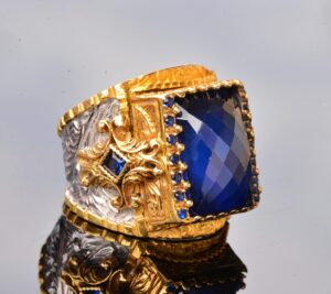 El Yapımı Zirkon Taşlı, Altın Kaplama Sterlin Gümüş Erkek Yüzük - Bilgelik ve Krallığın Simgesi - Görsel 4