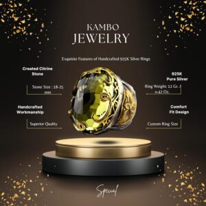 925 Ayar Gümüş Osmanlı İmparatoru Takı VAV Desenli Erkek veya Kadın Yüzük, Yapay Sitrin Taşı - Görsel 2