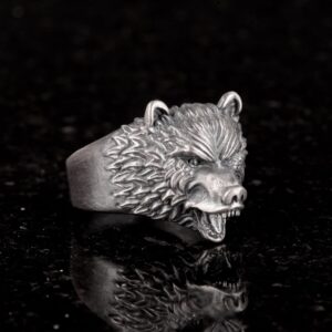 Ayı Başlı Erkek Yüzük - Hayvan Yüzüğü, Kızgın Ayı Başlı Erkek Yüzüğü, 925 Ayar Gümüş Yüzük - Görsel 4