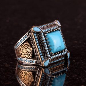 925 Ayar Gümüş Turkuaz Taşlı Erkek Yüzük - Vintage Tarzı, El Yapımı Takı - Görsel 5