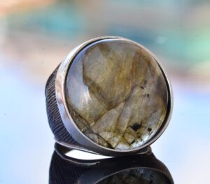 Doğal Labradorit Yuvarlak Taş Yüzük - 925 Ayar Gümüş Erkek Büyük Yüzük - Görsel 3