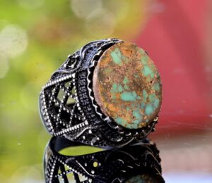 925 Ayar Gümüş Gerçek Doğal Arizona Turkuaz Taşlı Erkek Yüzük - El Yapımı İfadeli Takı - Görsel 3