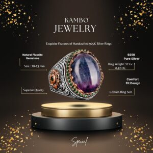 Kral Yüzük, Gerçek Doğal Florit Taşlı Yüzük, 925 Ayar Gümüş Yüzük - Görsel 2