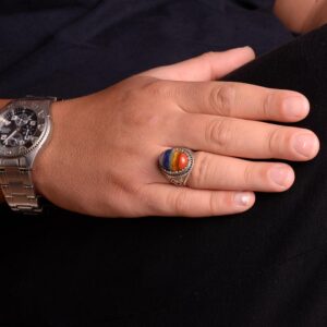 Gümüş Erkek Yüzük, Gökkuşağı 7 farklı Dogal Taş Toplamı Yüzük, Çok Renkli Yüzük - Görsel 3