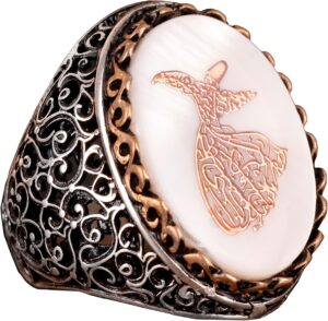 Regal ve Sembolik Erkek 925 Ayar Gümüş Yüzük - Dönen Derviş Sembolü ve Doğal Taşlarla Süslenmiş - Görsel 1