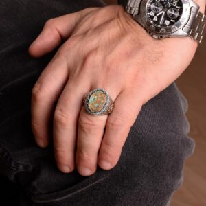 Erkekler için El Yapımı Doğal Arizona Turkuaz Taş Yüzük, 925 Ayar Gümüş Yüzük, Sultan Yüzük (Stil-6) - Görsel 3