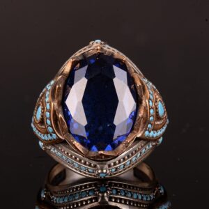 925 Ayar Gümüş Erkek Yüzük, Yapay Mavi Safir, Tarzı Türk Tasarımı - Görsel 7