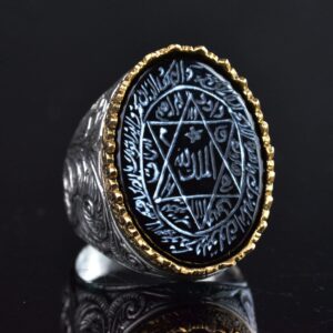 925 Ayar Gümüş Erkek Yüzük Siyah Oniks Taşı ve Süleyman Mührü Tasarımı - Görsel 5