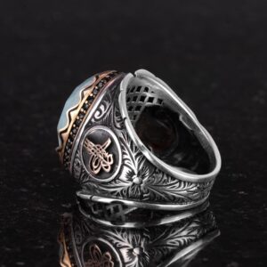 Osmanlı Tuğra Gümüş Yüzük, Doğal Taş Yüzük, 925 Ayar Gümüş Yüzük (Amazonit) - Görsel 6