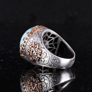 925 Ayar Gümüş Yüzük - Kral Yüzük - Yapay Taş Yüzük - El Yapımı Yüzük (Yapay Turkuaz) - Görsel 7