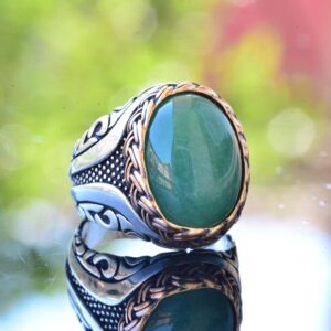 Gerçek Doğal Taş Yüzük, El Yapımı Yüzük, Yeşil Aventurin Oval Yüzük, 925 Ayar Gümüş Yüzük Erkekler İçin - Görsel 3