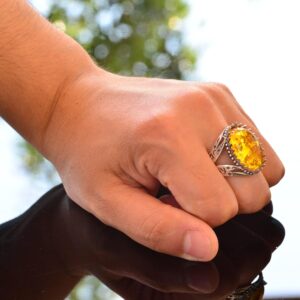 İslami Yüzük, Erkekler için 925K Katı Gümüş Yüzük, Yapay Amber Taşı Yüzüğü - Görsel 7