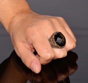 Doğal Obsidiyen Taş Yüzük, 925 Ayar Gümüş Yüzük ile Taş, Erkekler için Hediye Siyah - Görsel 7