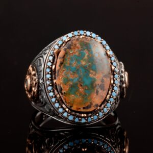 Erkekler için El Yapımı Doğal Arizona Turkuaz Taşı Yüzük, 925 Ayar Gümüş Yüzük, Sultan Yüzüğü (Model-9) - Görsel 4