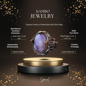 Gerçek Doğal Ametist Taşı, Sultan Yüzük, Erkek Sterlin Gümüş Yüzük, Mor - Görsel 2