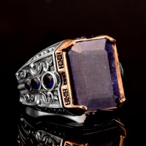 Gerçek Doğal Safir Taşlı Yüzük, 925 Ayar Gümüş Erkek Yüzük - Görsel 4