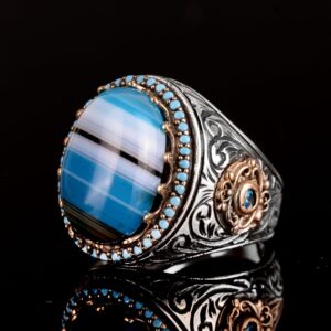 Doğal Mavi Akik Taşı Yüzük, 925 Ayar Gümüş Yüzük, Erkek Yüzüğü - Görsel 4