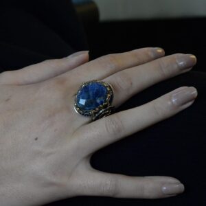 Gerçek Doğal Sodalit Taş Yüzük, Hayvan Yüzüğü, Aslan Yüzüğü, 925 Ayar Gümüş Büyük Yüzük - Görsel 7