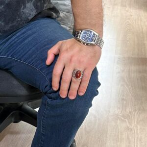 El Yapımı Gerçek Doğal Kırmızı Akik Taş Yüzük, 925 Ayar Gümüş Yüzük Erkekler İçin, Tasarım Gümüş Erkek Yüzüğü - Görsel 3