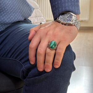 Doğal Malakit Taşlı Yüzük, Denizci Halat Yüzüğü - Canlı 925 Ayar Katı Gümüş Erkek Yüzüğü - Görsel 3