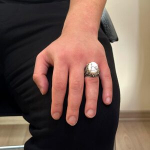 Gerçek Doğal Howlite Taş Yüzük, 925 Ayar Katı Gümüş Erkek Yüzüğü - Görsel 3