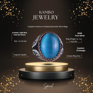 925 Ayar Gümüş Yüzük - Yapay Taş Gümüş Yüzük - El Yapımı Yüzük (Yapay açık mavi kedi gözü) - Görsel 2