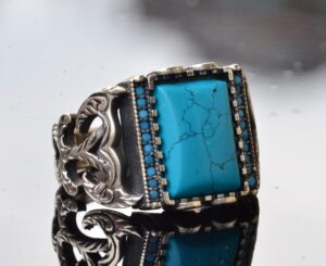 El Yapımı Vintage Turkuaz Yüzük - 925 Ayar Gümüş, Şık Süslü Tasarım, Dayanıklı, Farklı Takı, Mükemmel Uyum - Görsel 3