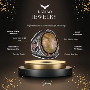 Gerçek Doğal Unakite Taşı Yüzük, El Yapımı 925K Katı Gümüş Erkek Yüzük, Sanatsal Tasarım, Osmanlı Tuğra Yüzüğü - Görsel 2