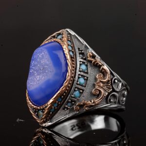 Gerçek Doğal Druzy Kristal Kuvars Taş Yüzük, 925 Ayar Gümüş Yüzük Erkekler için - Görsel 3