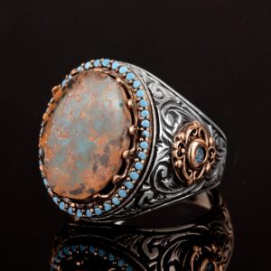 Erkekler için El Yapımı Doğal Arizona Turkuaz Taşı Yüzük, 925 Ayar Gümüş Yüzük, Sultan Yüzüğü (Model-9) - Görsel 5