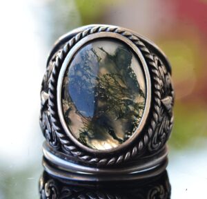 925 Ayar Gümüş Yüzükler - Doğal Agat Taşı (Moss Agate) - Görsel 5