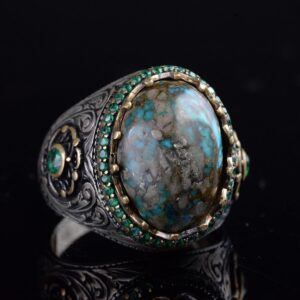 Erkekler için El Yapımı Doğal Arizona Turkuaz Taş Yüzük, 925 Ayar Gümüş Yüzük, Sultan Yüzük (Model-12) - Görsel 3