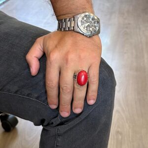 925 Ayar Gümüş Yüzük - Büyük Yüzük - Yapay Taş Gümüş Yüzük - El Yapımı Yüzük (Yapay kırmızı mercan) - Görsel 3