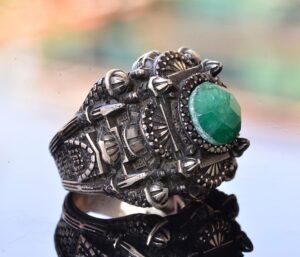 Camii Modelli Erkekler için Lüks 925 Ayar Gümüş Yüzük - Doğal Zümrüt Taşlı - Şık ve Görkemli Tasarım - Görsel 4