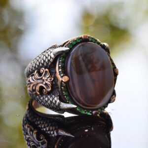 925 Ayar Gümüş Erkek Yüzük, Doğal Akik Taşı ile El Yapımı Vintage Tarzı Gümüş Yüzük - Görsel 3