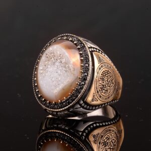 Gerçek Doğal Druzy Kuvars Taşı Yüzük, İslami Yüzük, Sterlin Gümüş Yüzük - Görsel 4