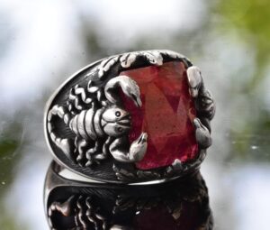 Gerçek Doğal Yakut Taş Akrep Yüzüğü, Erkekler İçin Doğum Taşı Yüzüğü, 925 Ayar Gümüş Yüzük - Görsel 2