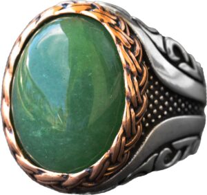 Gerçek Doğal Taş Yüzük, El Yapımı Yüzük, Yeşil Aventurin Oval Yüzük, 925 Ayar Gümüş Yüzük Erkekler İçin - Görsel 1